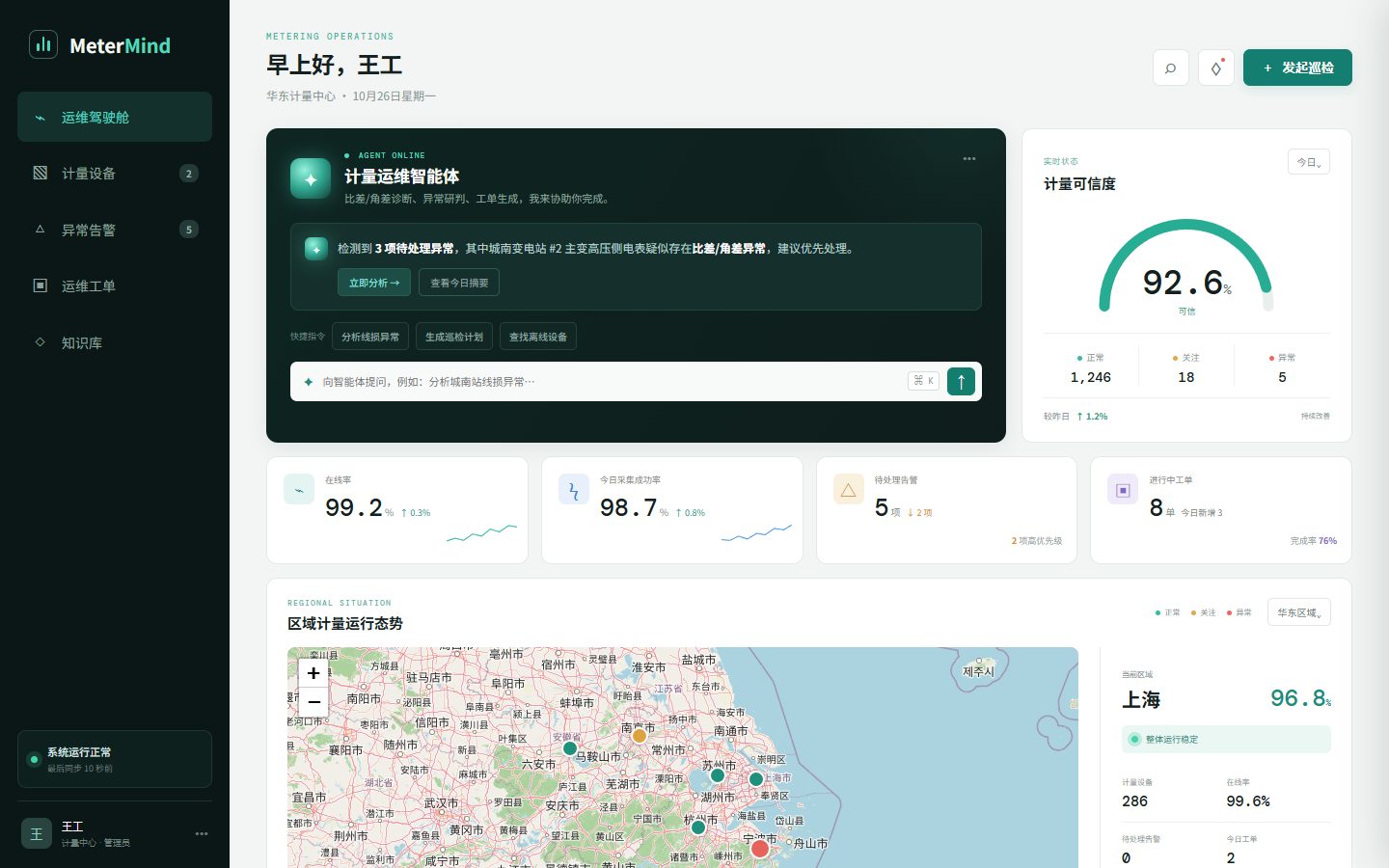 Screenshot of the MeterMind Power Agent Demo showing the operations cockpit, agent panel, and regional map